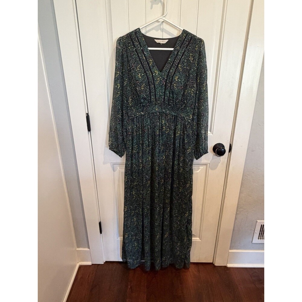 Ranna Gill Floral Maxi Dress Black Green Long Sleeve Pleated Boho V Neck